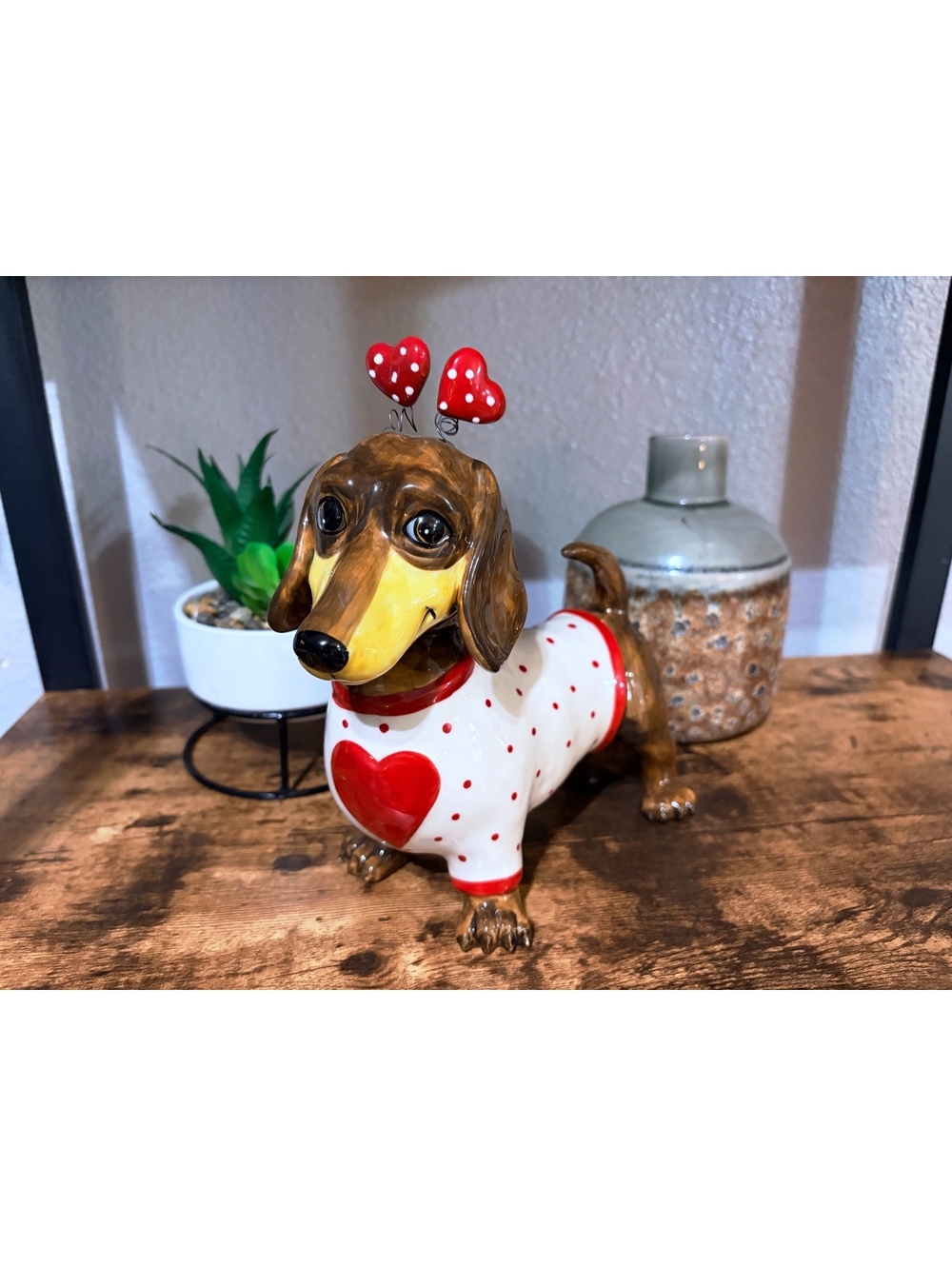 Blue Sky Valentines Day Dachshund in Heart Sweater and Headband Figurine